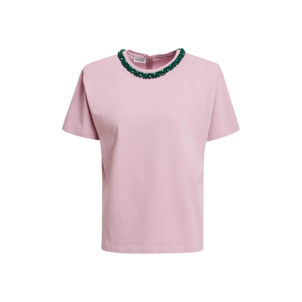 Light pink T-shirt with dark green embellished collar