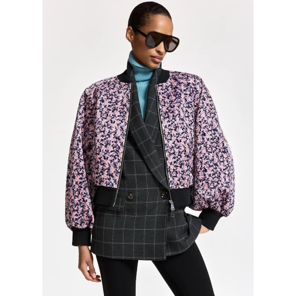 navy and black floral bomber jacket with voluminous sleeves