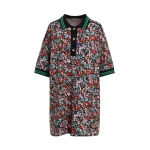 Multicolor floral polo mini dress with striped ribbed trims