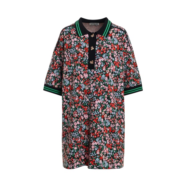 Multicolor floral polo mini dress with striped ribbed trims