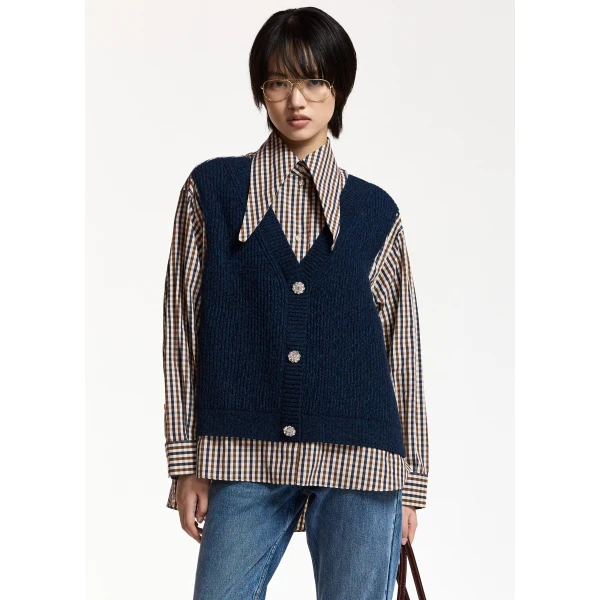 brown and off-white layered knit vest shirt