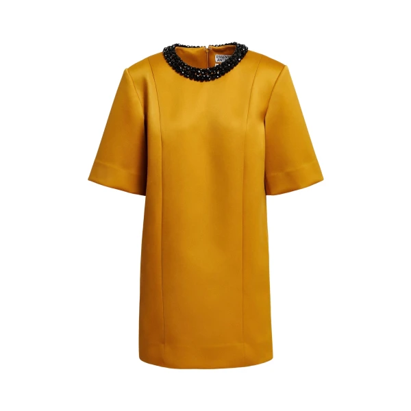 Ochre mini dress with embellished neckline