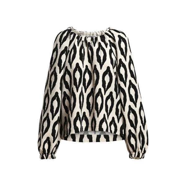 Off-white and black printed top with gathered neckline