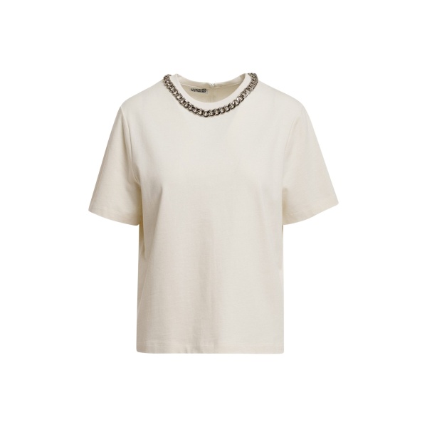 Off-white organic cotton T-shirt with chain-embellished neckline