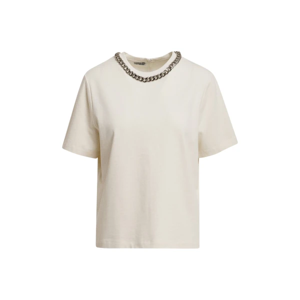 Off-white organic cotton T-shirt with chain-embellished neckline