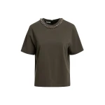 Olive green organic cotton T-shirt with chain-embellished neckline