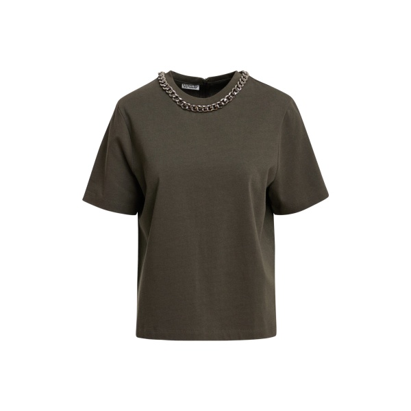 Olive green organic cotton T-shirt with chain-embellished neckline