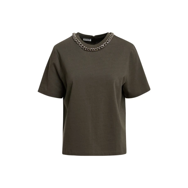 Olive green organic cotton T-shirt with chain-embellished neckline