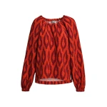 Orange and burgundy printed top with gathered neckline