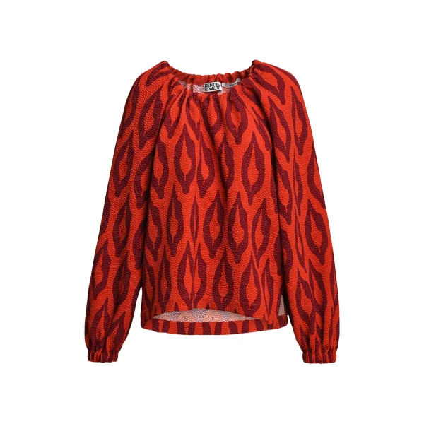 Orange and burgundy printed top with gathered neckline