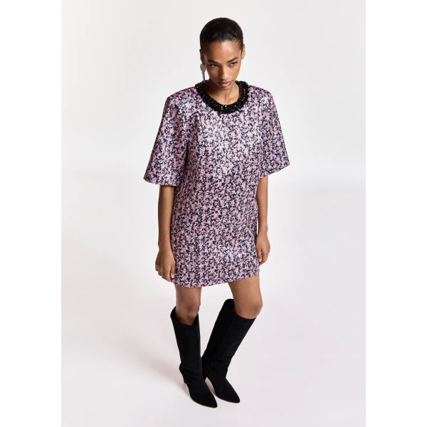 purple and black floral mini dress with embellished neckline