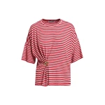 Red and light pink striped T-shirt with gold statement brooch detail
