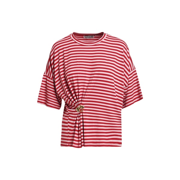 Red and light pink striped T-shirt with gold statement brooch detail