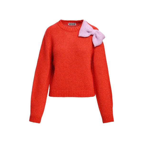 Red and pink bow-embellished knitted sweater