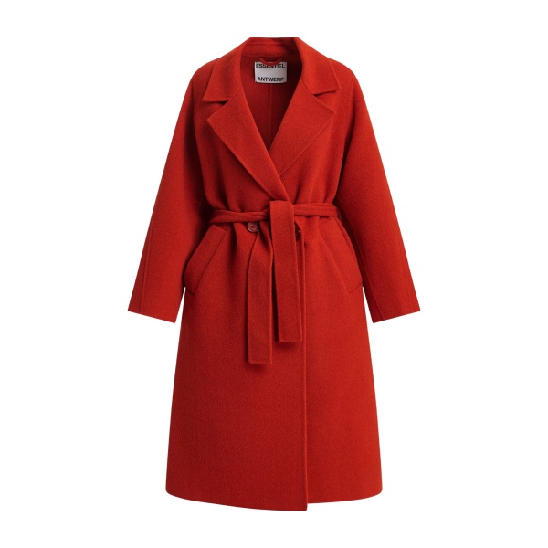 Red belted wool coat