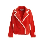 Red cardigan with white contrast trims