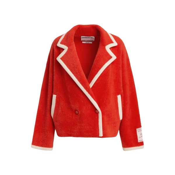 Red cardigan with white contrast trims