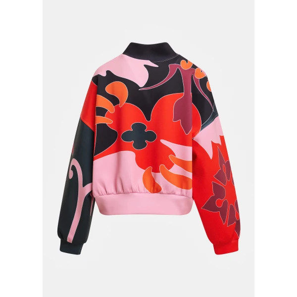 pink and dark grey abstract floral-print cropped bomber jacket