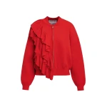 Red ruffle-detailed zip-up cardigan