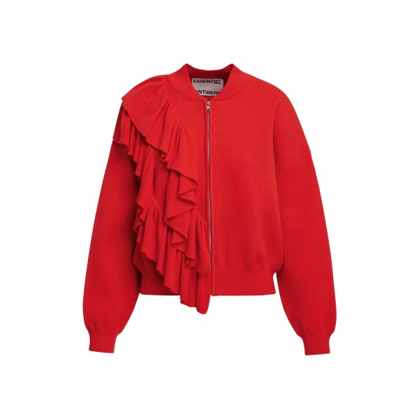 Red ruffle-detailed zip-up cardigan