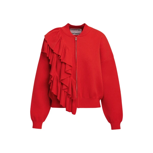 Red ruffle-detailed zip-up cardigan