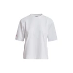 White organic cotton T-shirt with subtle red logo patch