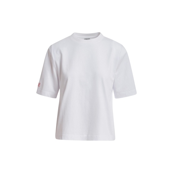White organic cotton T-shirt with subtle red logo patch
