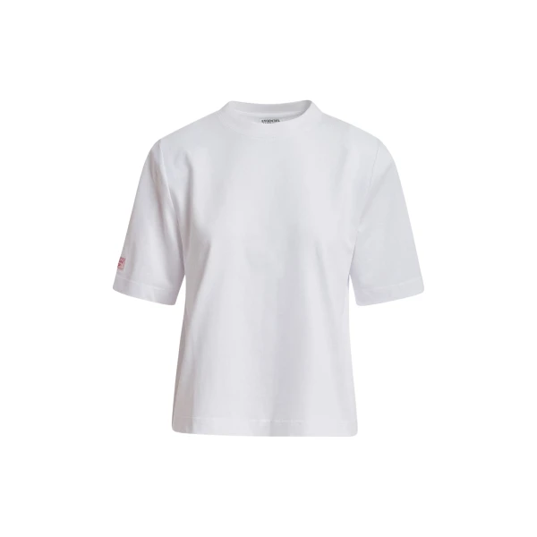 White organic cotton T-shirt with subtle red logo patch