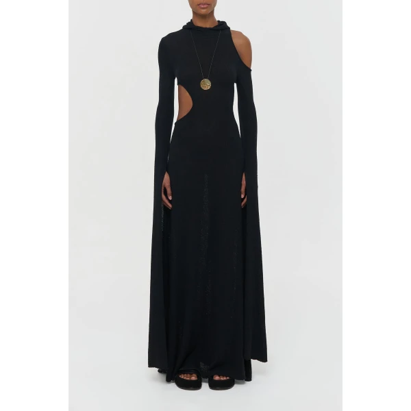 Gabriela Hearst Daya Cutout Knit Hoodie Maxi Dress in Black Mulberry Silk, view 3