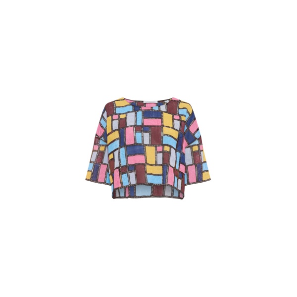Gabriela Hearst Tatia Patchwork Embroidered Cropped Top in Aurora Multi Linen