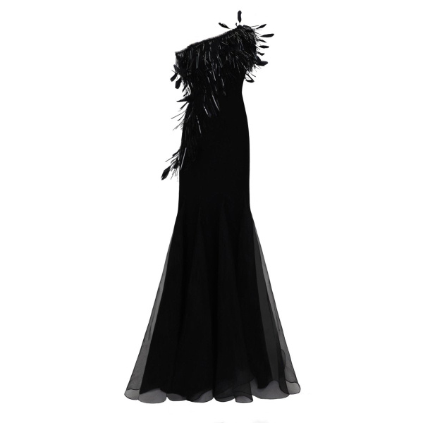 Gemy Maalouf Asymmetrical Feather Neckline Dress