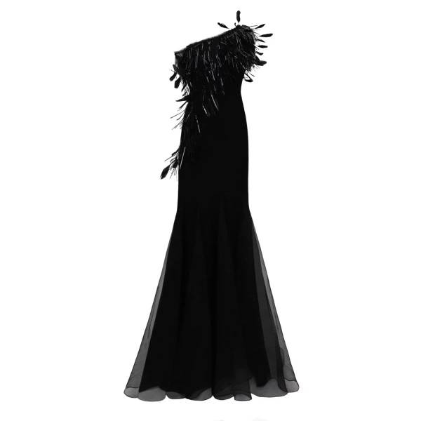 Gemy Maalouf Asymmetrical Feather Neckline Dress
