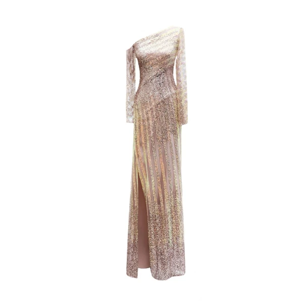 Gemy Maalouf Asymmetrical Neckline Beaded Dress