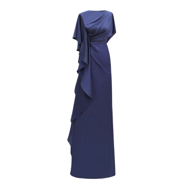 Gemy Maalouf Asymmetrical Ruffled Draped Navy Dress