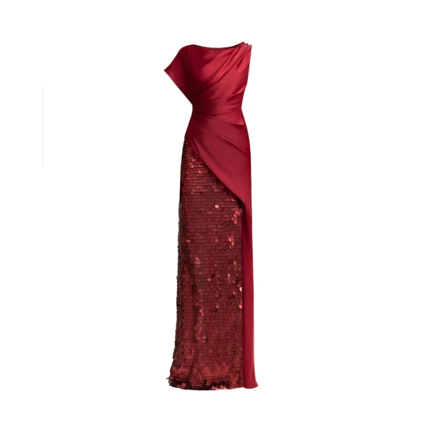 Gemy Maalouf Asymmetrical Satin Dress with Slit and Sequins