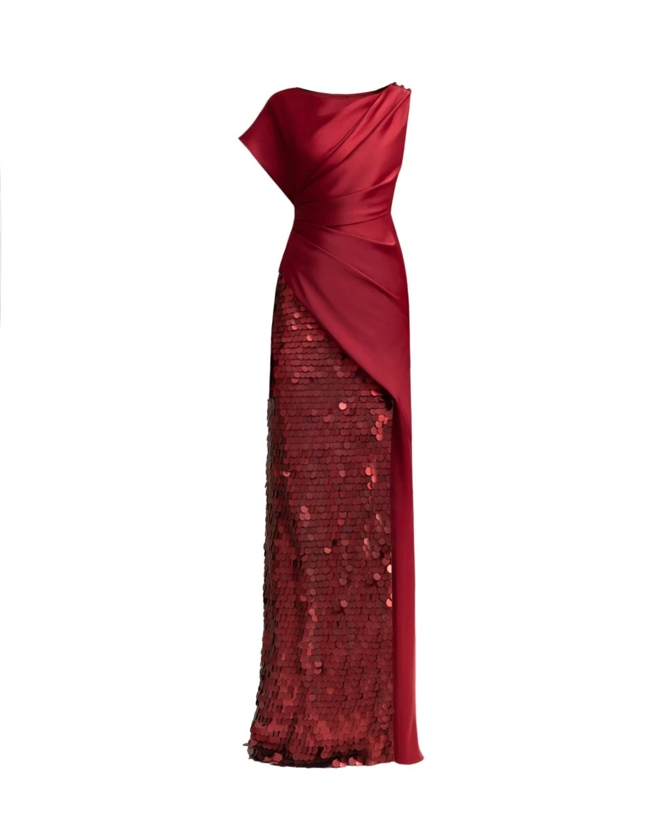 Gemy Maalouf Asymmetrical Satin Dress with Slit and Sequins Gemy Maalouf Asymmetrical Satin Dress with Slit and Sequins
