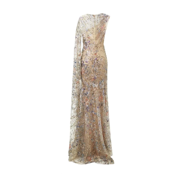 Gemy Maalouf Beaded Dress with Floor Length Sleeve