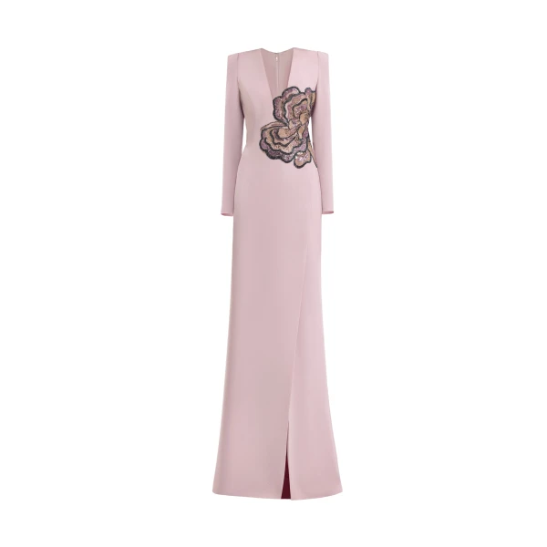 Gemy Maalouf Beaded Floral V-Neck Dress