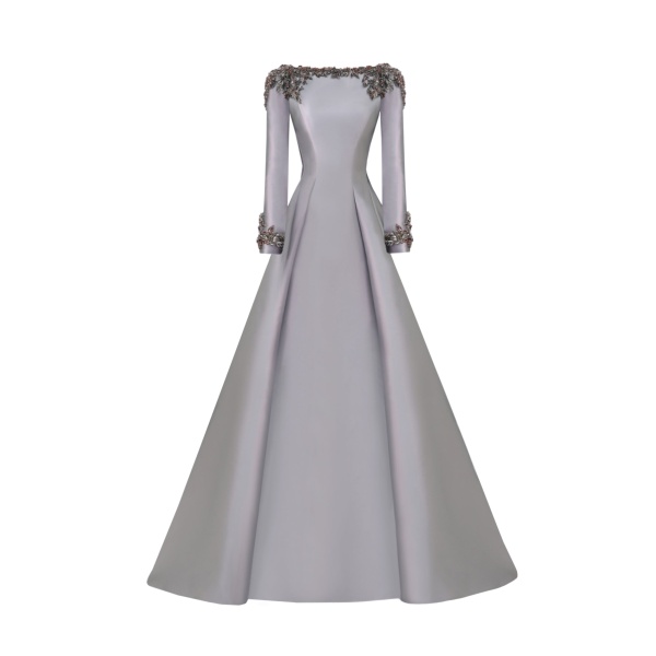 Gemy Maalouf Beaded Mikado Dress with Long Sleeves