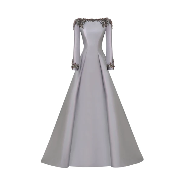 Gemy Maalouf Beaded Mikado Dress with Long Sleeves