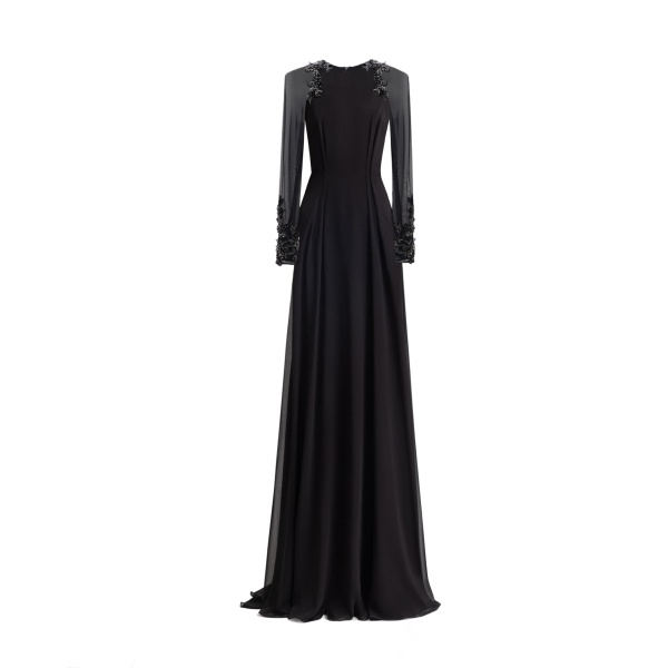 Gemy Maalouf Beaded Sleeve Dress with Back Cape