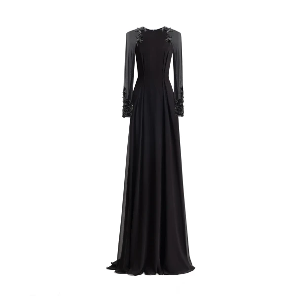 Gemy Maalouf Beaded Sleeve Dress with Back Cape