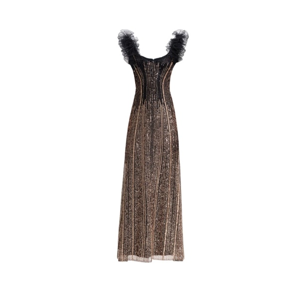 Gemy Maalouf Beaded Tulle Dress with Ruffled Shoulders