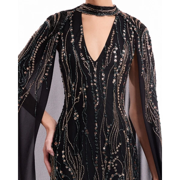 Gemy Maalouf Beaded V-Neck Cape Dress