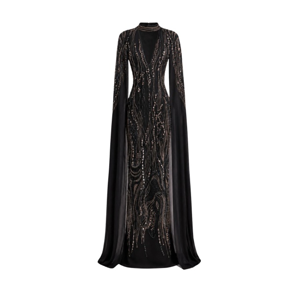 Gemy Maalouf Beaded V-Neck Cape Dress