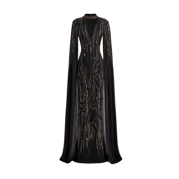 Gemy Maalouf Beaded V-Neck Cape Dress