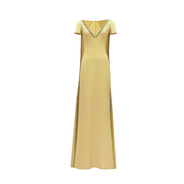 Gemy Maalouf Beaded V-Neckline Dress with Cape
