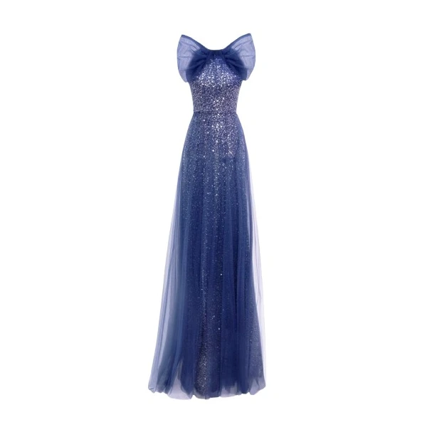 Gemy Maalouf Bow Halter-Neckline Navy Blue Dress