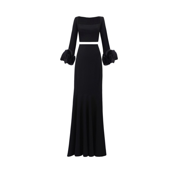 Gemy Maalouf Crepe Set With Floral Cuffs
