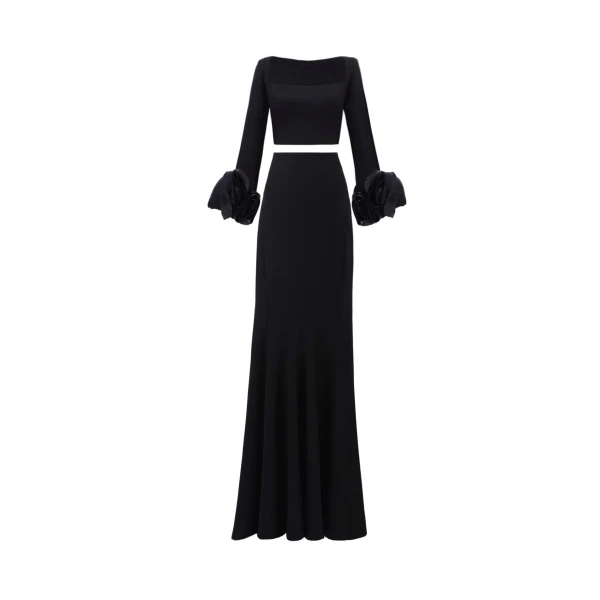 Gemy Maalouf Crepe Set With Floral Cuffs